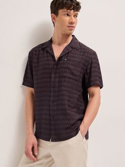 The Bear House - Mens Purple Relaxed Fit Textured Woven Casual Shirt