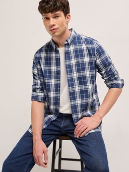 The Bear House - Mens Blue Slim Fit Checked Cotton Woven Casual Shirt