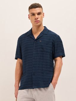The Bear House - Mens Blue Relaxed Fit Textured Woven Casual Shirt