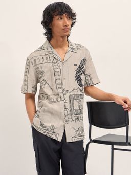The Bear House - Mens Beige Relaxed Fit Digital Print Woven Casual Shirt