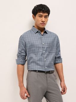 The Bear House - Mens Blue Tailored Fit Checked Woven Formal Shirt