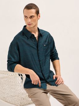 The Bear House - Mens Green Relaxed Fit Stripe Woven Overshirt