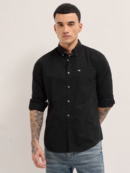 The Bear House - Mens Black Slim Fit Solid Cotton Woven Casual Shirt