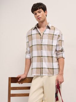 The Bear House - Mens Beige Relaxed Fit Checked Cotton Flannel Casual Shirt
