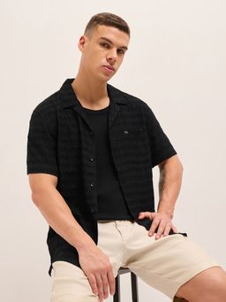 The Bear House - Mens Black Relaxed Fit Textured Woven Casual Shirt