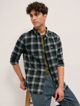 The Bear House - Mens Green Slim Fit Checked Flannel Casual Shirt