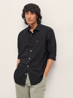 The Bear House - Mens Black Slim Fit Solid Cotton Woven Casual Shirt