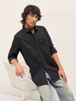 The Bear House - Mens Black Slim Fit Solid Woven Casual Shirt