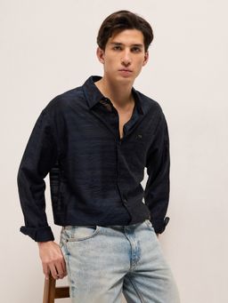 The Bear House - Mens Blue Relaxed Fit Stripe Woven Overshirt