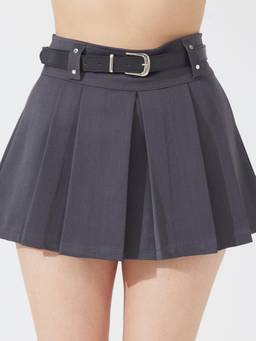 Depano - Charcoal Pleated Belted Skort