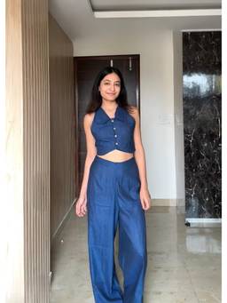 Shubh Shree Studio - Navy Blue Faux Denim Waistcoat With Pant