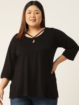theRebelinme - Plus Size Womens Black Solid Color Keyhole Neck Knitted Top