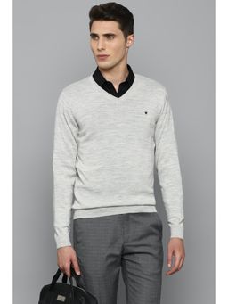 Louis Philippe - Men Grey Solid V Neck Full Sleeves Sweater