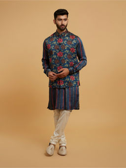 Twamev - Men Teal Blue Kurta with Churidar and Jacket