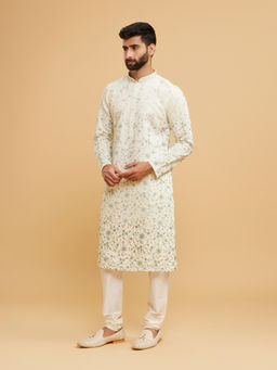 Twamev - Men Exquisite Cream and Green Kurta with Churidar