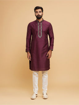 Twamev - Men Glistening Wine Kurta with Churidar