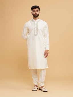 Twamev - Men Twinkling Cream Brocade Kurta with Churidar