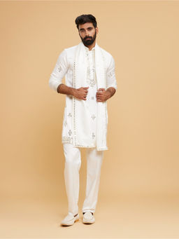 Twamev - Men Gleaming Cream Satin Kurta with Pant and Dupatta