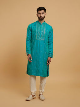 Twamev - Men Turquoise Blue Satin Kurta with Pyjama
