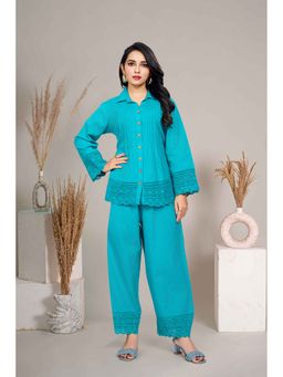 KAFTANIZE - Women Green Cotton Embroidered Co-Ord (Set of 2)