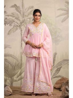 KAFTANIZE - Women Pink Cotton Embroidered Kurta with Sharara and Dupatta (Set of 3)