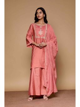 SAAKI - Women Pink Silk Embroidered Kurta with Pant and Dupatta (Set of 3)