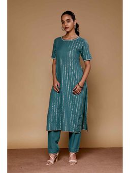 SAAKI - Women Teal Polyester Stripes Kurta with Pant (Set of 2)