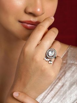 Teejh - Falguni Silver Oxidized and Pearl Ring