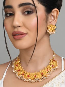 Fida - Wedding Ethnic South Indian Antique Gold Marron Pearl Kundan Necklace and Earring Set for Women