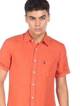 U.S. POLO ASSN. - Men Rust Short Sleeve Linen Solid Casual Shirt