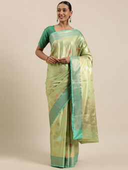 Banarasi Silk Works - Pistachio Sea Green Tissue Meena Jaal Border Saree with Unstitched Blouse