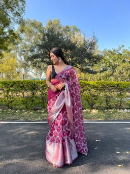 Odette - Maroon Organza Embroidered Saree with Unstitched Blouse