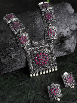 PANASH - Silver-Toned Pink Stone-Studded Oxidized Jewellery (Set of 2)