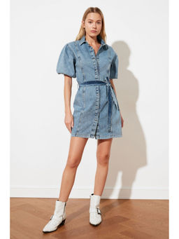 Trendyol - Puff Sleeve Tie Blue Denim Shirt Dress With Belt