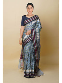 Unnati Silks - Light Blue Pure Handloom Block Print Vidarbha Tussar Silk Saree with Unstitched Blouse