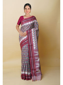 Unnati Silks - Maroon Pure Handloom Block Print Vidarbha Tussar Silk Saree with Unstitched Blouse