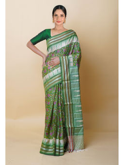 Unnati Silks - Green Pure Handloom Hand Block Print Vidarbha Tussar Silk Saree with Unstitched Blouse