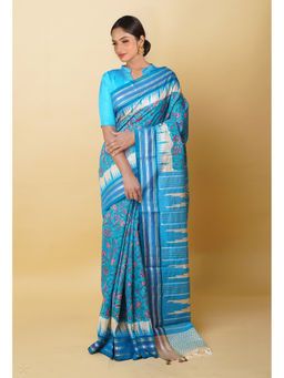 Unnati Silks - Blue Pure Handloom Hand Block Print Vidarbha Tussar Silk Saree with Unstitched Blouse