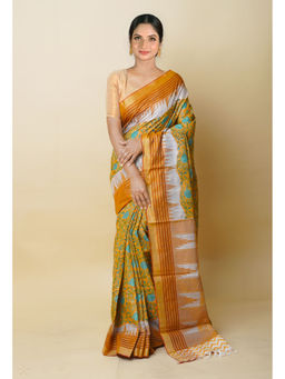 Unnati Silks - Mustard Pure Handloom Block Print Vidarbha Tussar Silk Saree with Unstitched Blouse