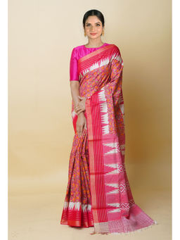 Unnati Silks - Pink Pure Handloom Hand Block Print Vidarbha Tussar Silk Saree with Unstitched Blouse