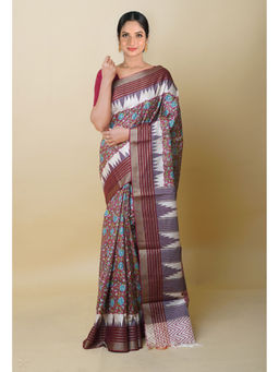 Unnati Silks - Burgundy Pure Handloom Block Print Vidarbha Tussar Silk Saree with Unstitched Blouse
