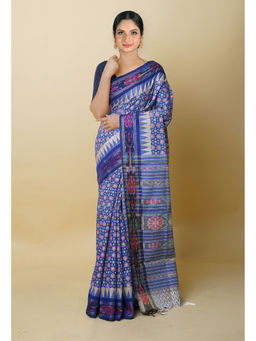 Unnati Silks - Blue & Pink Pure Handloom Block Print Vidarbha Tussar Silk Saree with Unstitched Blouse