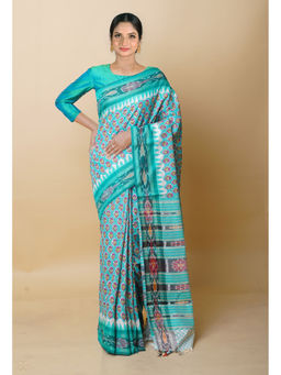 Unnati Silks - Turquoise Pure Handloom Block Print Vidarbha Tussar Silk Saree with Unstitched Blouse