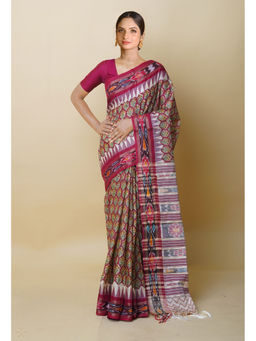 Unnati Silks - Burgundy Pure Handloom Block Print Vidarbha Tussar Silk Saree with Unstitched Blouse