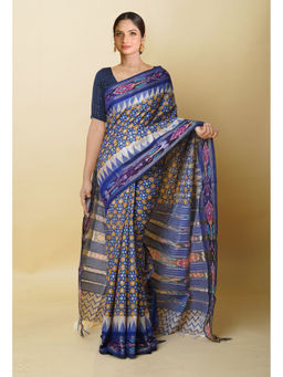 Unnati Silks - Blue & Yellow Pure Handloom Block Print Vidarbha Silk Saree with Unstitched Blouse