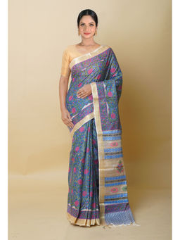 Unnati Silks - Light Blue Pure Handloom Block Print Vidarbha Tussar Silk Saree with Unstitched Blouse