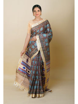 Unnati Silks - Brown Pure Handloom Hand Block Print Vidarbha Tussar Silk Saree with Unstitched Blouse