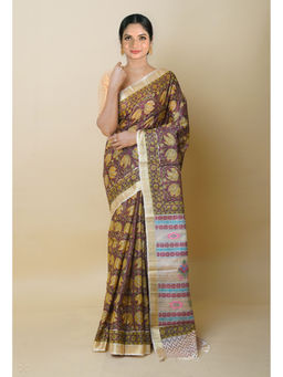 Unnati Silks - Purple Pure Handloom Hand Block Print Vidarbha Tussar Silk Saree with Unstitched Blouse