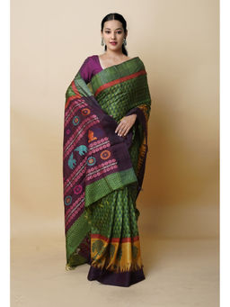 Unnati Silks - Green Pure Hand Block Print Vidarbha Tussar Silk Saree with Unstitched Blouse