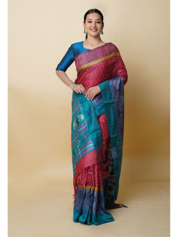 Unnati Silks - Red Pure Handloom Block Print Vidarbha Tussar Silk Saree with Unstitched Blouse